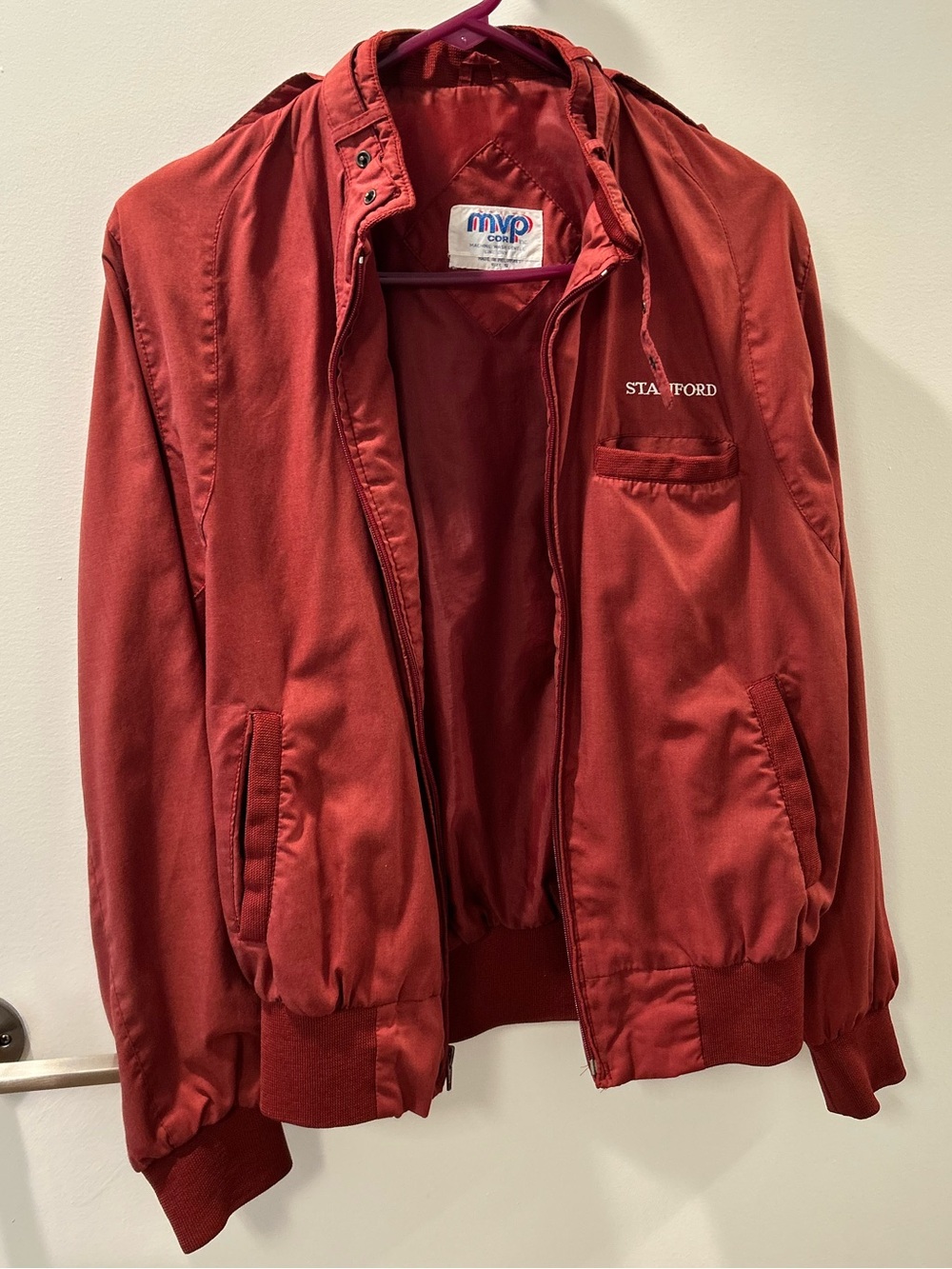 Vintage Stanford Men's Brick Red Bomber Jacket